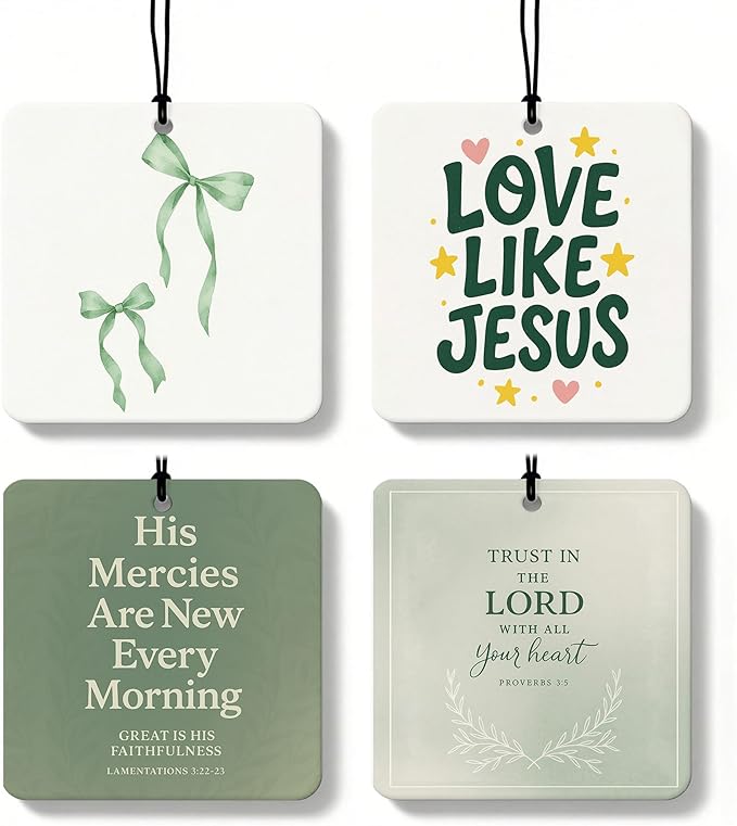 Sage Green Christian Square Citrus Car Air Freshener 4 Pcs, Green Coquette Bow Religious Hanging Air Freshener for Cars Bathr