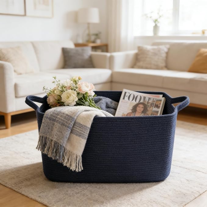 96L Large Blanket Basket,24"x16"x15"Rectangle Storage Bin with Handles,Woven Rope Laundry Basket for Toys, Clothes,Magazines,