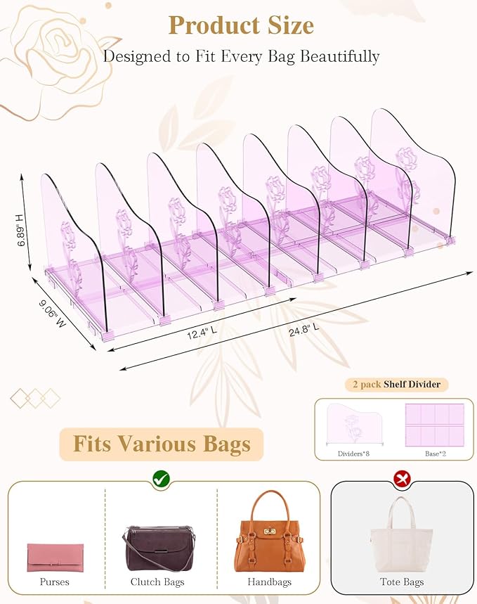 SURETIVIAN Rose Purse Dividers for Closet, 2 Pack Clear Clutch Purse Closet Organizers, Adjustable Handbag Storage Organizers