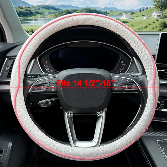HAOTULE Leather Steering Wheel Cover， with Anti-Slip Stripe Design - Enhanced Grip, Fashion Style, Safe, Non-Slip, Breathable