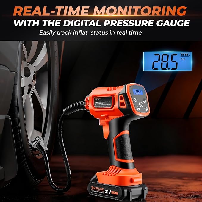 Tire Inflator Portable Air Compressor, 21V Cordless Car Tire Pump, Rechargeable Battery Powered Handheld 160PSI Tire Inflator with Digital Pressure Gauge for Car Motorcycle E-Bike