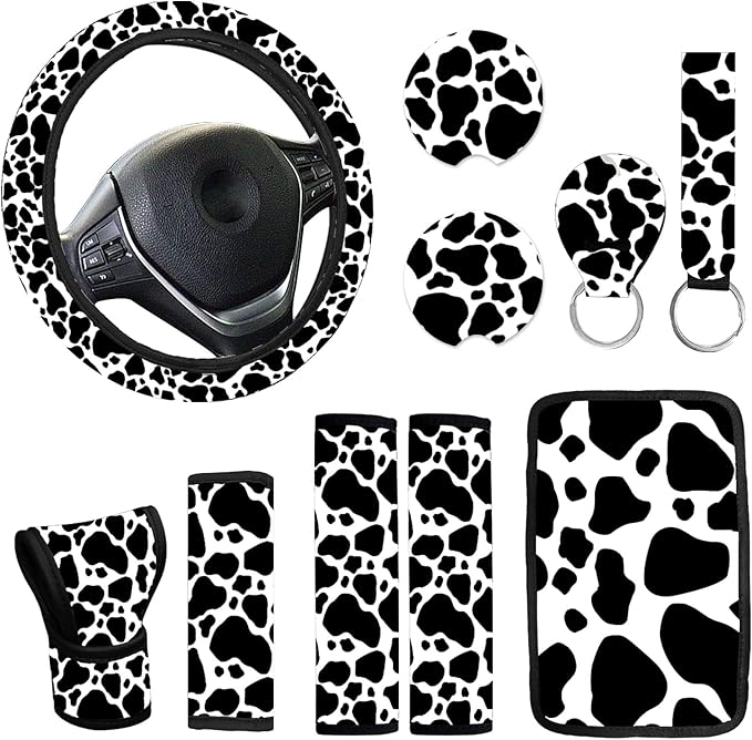 10 Pieces Cow Car Steering Wheel Cover Center Console Armrest Pad Headrest Seat Belt Cover Handbrake Cover Keychain Coaster Full Set Car SUV(Cow)