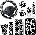 10 Pieces Cow Car Steering Wheel Cover Center Console Armrest Pad Headrest Seat Belt Cover Handbrake Cover Keychain Coaster Full Set Car SUV(Cow)