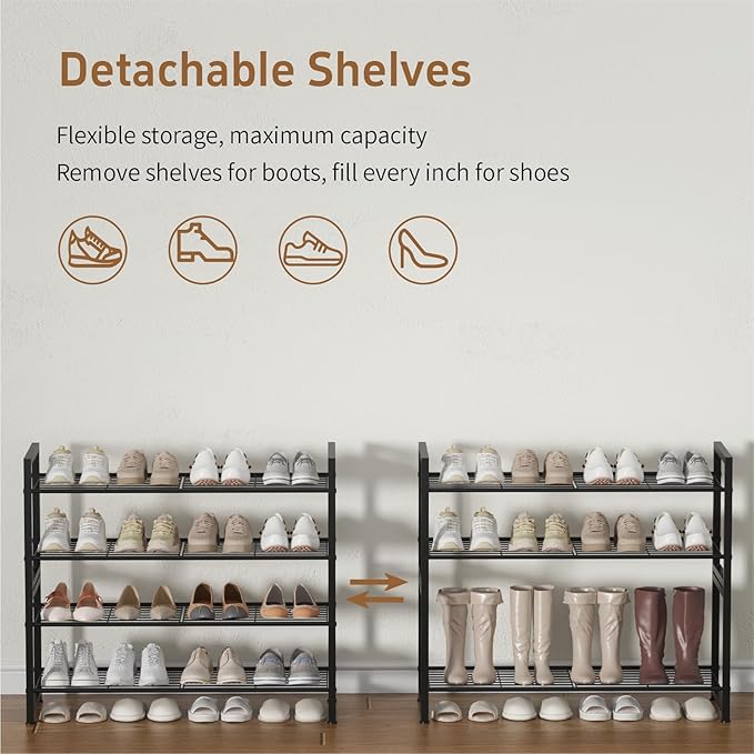 Stackable Shoe Rack, 4 Tier Metal Shoes Rack Storage Organizer,Large Capacity Shoe Shelf Holds 24 Pairs of Shoes,Sturdy and S