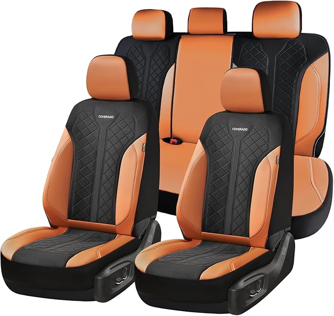 Coverado Seat Covers Full Set, Brown Car Seat Covers, PU Leather & Breathable Mesh Seat Protectors, 5-Piece Automotive Seat C