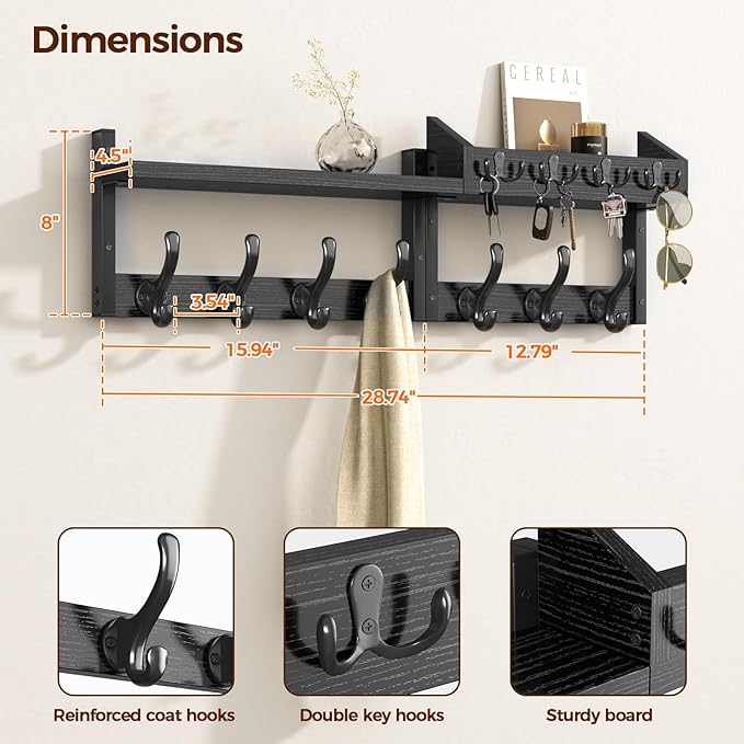 Evermagin 29" Coat Rack Wall Mount with Shelf, 4 in 1 Coat and Key Hanger with 11 Metal Hooks, Entryway Wall Mounted Shelf wi