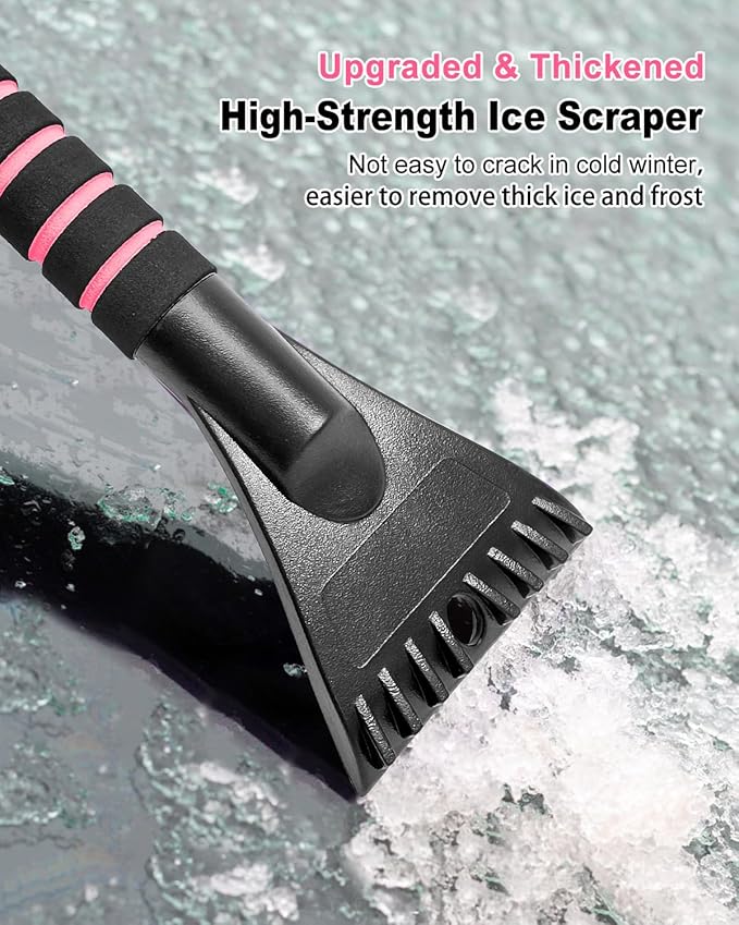SEAAES Ice Scraper with Snow Brush for Car Windshield, Upgraded Extendable Snow Brush with Foam Grip for Truck SUV Vehicle Windows - Pink