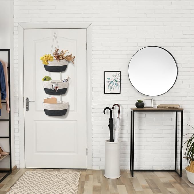 3 Tier Wall Mounted Woven Hanging Basket, Over the Door Hanging Basket with Hooks, Decorative Storage Hanging Closet Removabl
