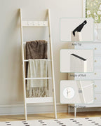 Hzuaneri Blanket Ladder Shelf for Living Room, Decorative Quilt Rack with 4 Removable Hooks, 5-Tier Farmhouse Ladder Holder O