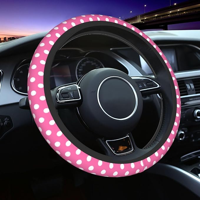 Cute Pink White Polka Dot Steering Wheel Cover for Women, Universal Fit 14-15 inch,Automotive Interior Accessories Decorative