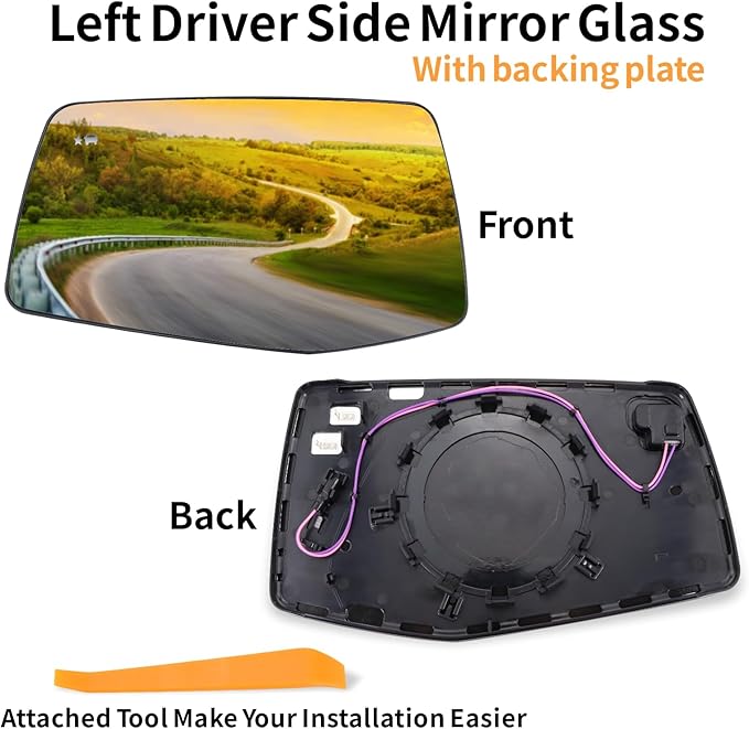 Left Driver Side Mirror Glass Compatible with 2019-2025 Chevy Silverado 1500 GMC Sierra 1500 W/Blind Spot Heated With backing plate (with a tool) Replace#GM1324160 84309707