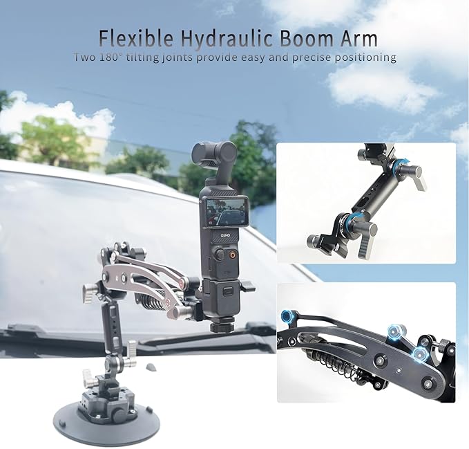 FIFIELD Hydraulic Camera Boom Arm with 6in Vacuum Car Suction Cup Mount, Quick Release NATO Rail, Shock Absorber Arm Compatible with DJI Osmo Pocket 3 Insts360 X5 X4 X3 GoPro Hero
