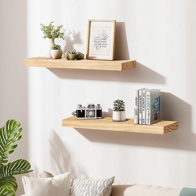 Floating Wall Shelves 30x6.8x1.7 Inch – Solid Wood Rustic Shelves in Natural Wood Finish – Wall Mounted Heavy Duty Display Sh