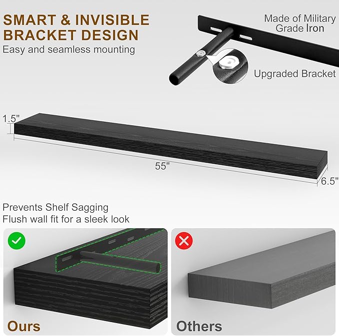 Fun Memories Floating Shelves for Wall, 55Inch Floating Shelves Set of 2, Hanging Shelf with Invisible Brackets, Wood Shelves