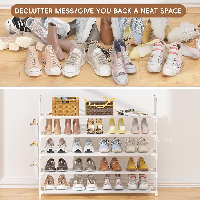 OYREL 5 Tier Shoe Organizer, 33.3in Wide x 11.2in Deep x 35.6in Tall, Black Metal and Plastic Shoe Rack with Side Bag, Holds 