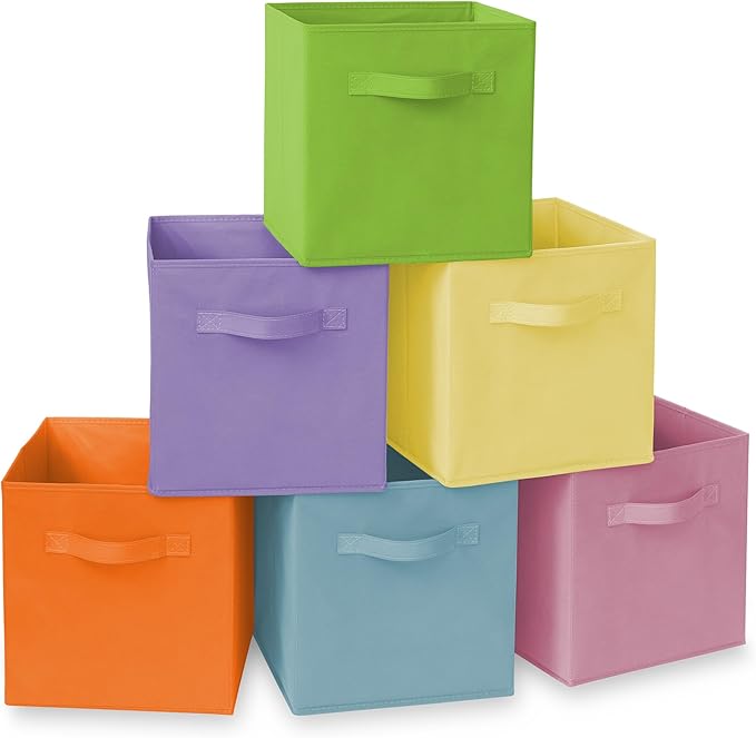 Casafield Set of 6 Collapsible Fabric Cube Storage Bins, Multicolor - 11" Foldable Cloth Baskets for Shelves, Cubby Organizer