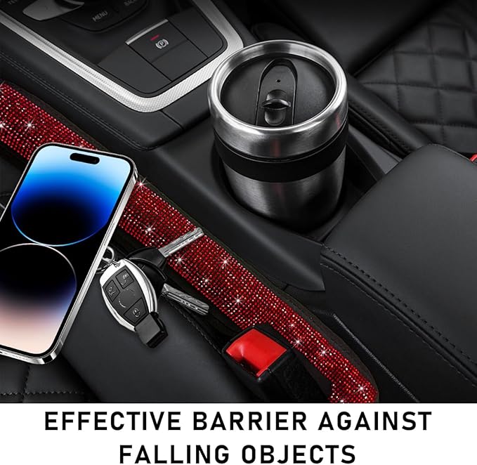 2PCS Bling Car Seat Gap Filler, Sparkling Rhinestone Side Seat Gap Blocker Stop Things from Dropping, Soft Foam Car Truck Filler Blocker Fill The Gaps Between Seats and Console (Red)