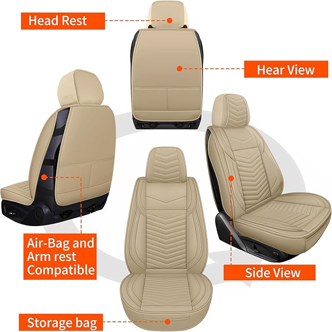 Nappa Leather Car Seat Covers Front Seats, Beige Car seat Protector, Waterproof Car Seat Cushion, Universal Automotive Seat C