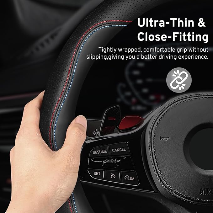 Car Steering Wheel Cover for BMW X3 X5 X7 3 5 Series 328i 528i 535i 530i 540i 320i 330i 325i X1 X2 X4 X6 1 2 4 6 7 8 Series e90 e60 f30 Accessories, 2026 Leather Black (Red Blue)