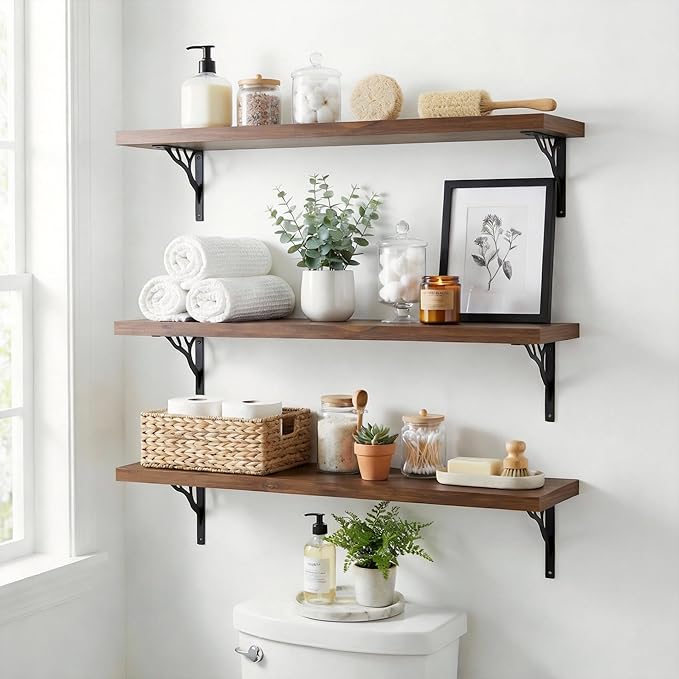 48Inch Solid Pine Wood Floating Shelves Set of 3, Walnut Wood Wall-Mounted Storage Shelves with Heavy-Duty Metal Brackets | D