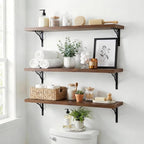 48Inch Solid Pine Wood Floating Shelves Set of 3, Walnut Wood Wall-Mounted Storage Shelves with Heavy-Duty Metal Brackets | D