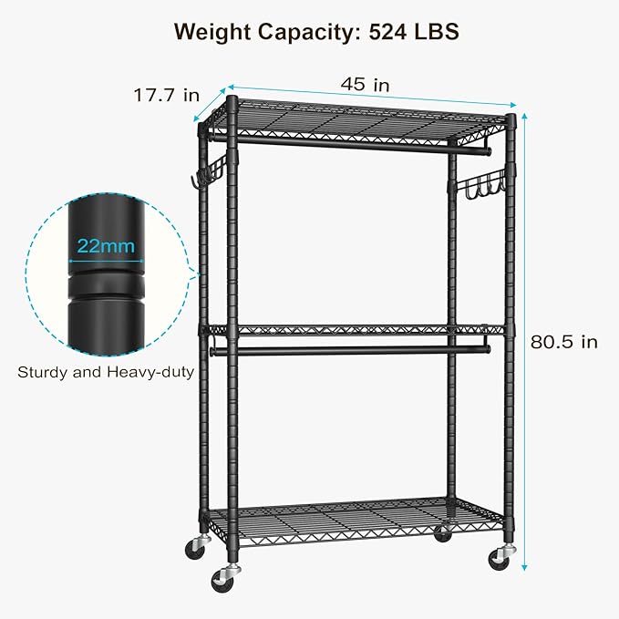 FUTASSI P1 Plus Rolling Clothes Rack, 22mm Diameter Heavy Duty Garment Rack with Wheels, Portable Closet Wardrobe with Double
