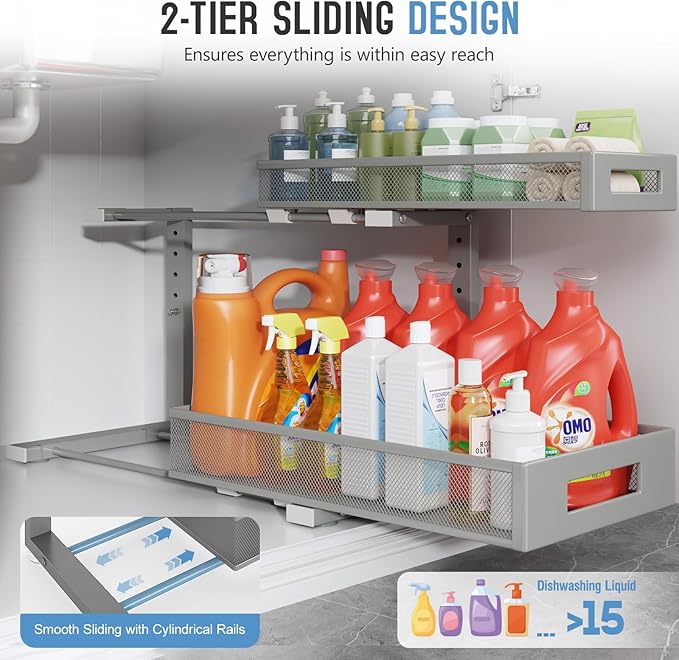 2 Pack 19IN Depth Under Sink Storage Organizer, Large 2-Tier Elegant Mesh Pull Out Shelf for Kitchen and Bathroom Cabinet Org