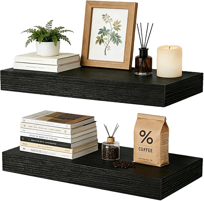 15.7 inch Black Floating Shelves Set of 2, Solid Wood Wall Mounted Shelves, Heavy Duty Display Storage Shelves for Bedroom, L