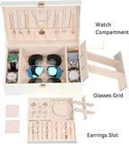 LANDICI Jewelry Box Organizer for Men Women, 2 Layer 4 Slot Watch Storage Case with Removable Tray, PU Leather Large Jeweller