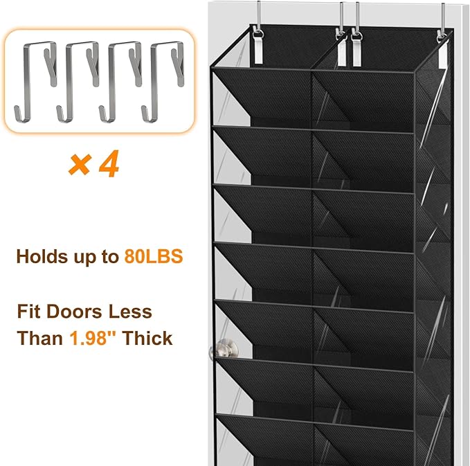 UVIAHOMI 20-30 Pairs Over the Door Shoe Organizer, Clear Pockets Hanging Shoe Storage for Closet, 10-Tier Door Shoes Rack, Ha