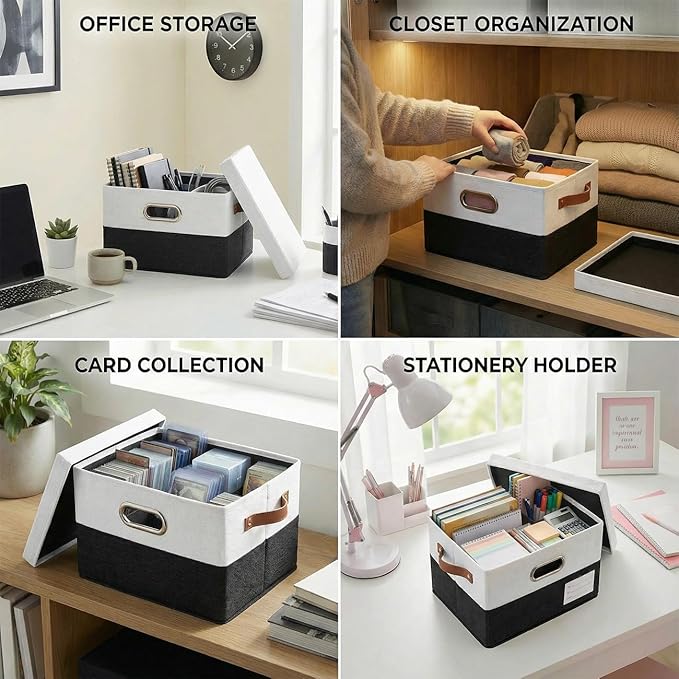 PRANDOM Storage Bins with Lids [3-Pack] Linen Fabric Foldable Storage Boxes Organizer Containers Baskets Cube with Cover for 
