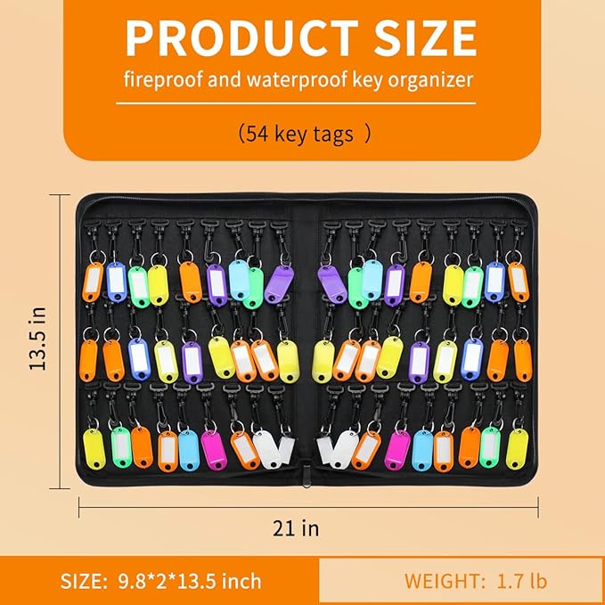 Sdstone Portable Zippered Key Case,Fireproof and Waterproof Key Organizer with 54 Key Hooks and Tags, Portable Key Binder,Key