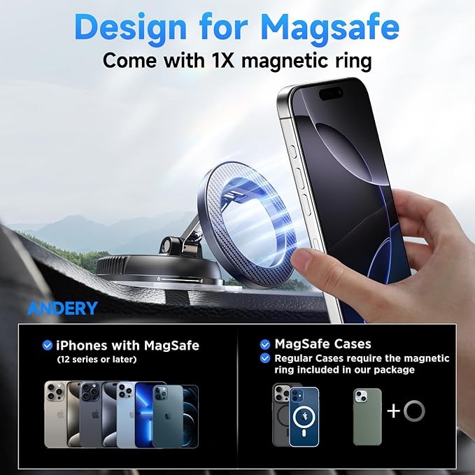 ANDERY Car Phone Holder for Magsafe [78+LBS Strongest Suction & 2400gf Strongest Magnetic] 360° Adjustable Car Phone Mount, Phone Holders for Your Car for iPhone 17-12 Pro Max Air Plus (Carbon Fiber)