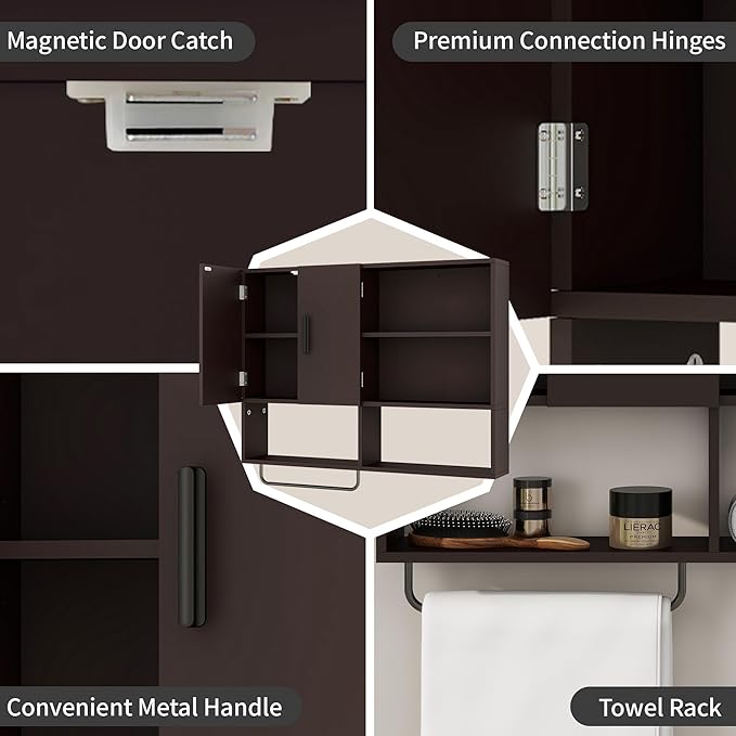 Medicine Cabinet, Wooden Bathroom Wall Cabinet with 2 Doors, Adjustable Shelves & Towel Bar, Over Toilet Storage Cabinet Wall