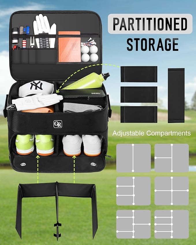 Odor-Absorbing 2-Layer Large Golf Trunk Organizer with Activated Carbon Fabric - Water-Resistant Golf Shoe Bag for Shoes Balls Tees Clothes