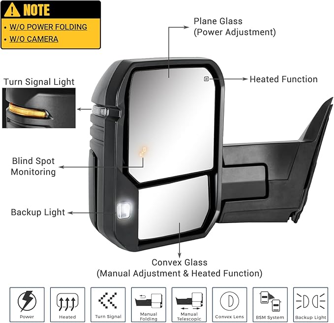 Towing Mirror Compatible with 2022-2025 Tundra with Blind Spot Monitoring Power Adjusted Heated Glass Turn Signal Backup Lamp Manual Telescoping & Folding Pair