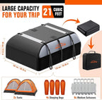 ACLONG 21 Cubic Feet Car Roof Bag 840D Waterproof Rooftop Cargo Carrier Bag for All Cars with/Without Racks Includes Anti-Slip Mat Storage Bag Combination Lock 6 Door Hooks