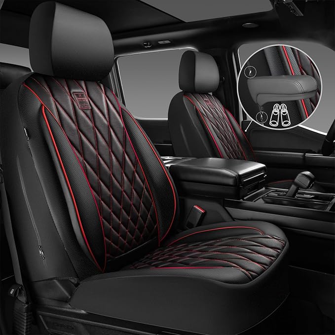 CAR PASS Piping Luxury PU Leather Two Front Car Seat Covers, Waterproof Anti Slip Seat Covers Compatible with Front Seat Armr