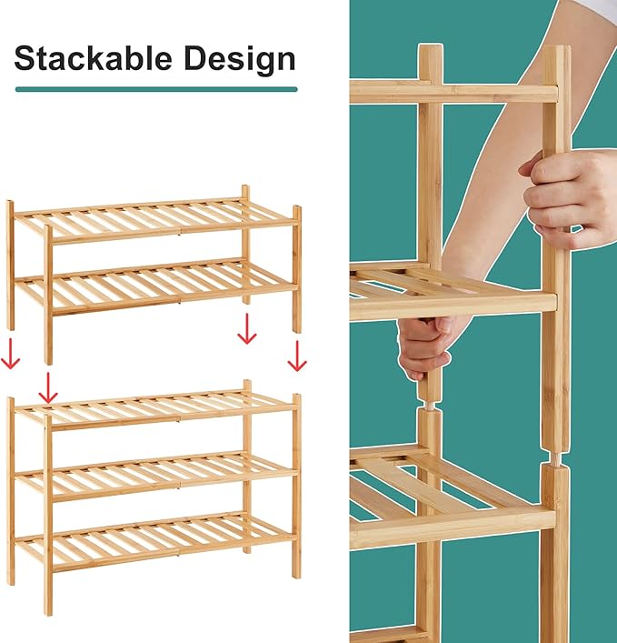 viewcare 5-Tier Bamboo Shoe Rack for Entryway, Stackable | Foldable | Natural, Shoe Organizer for Hallway Closet, Standing Sh