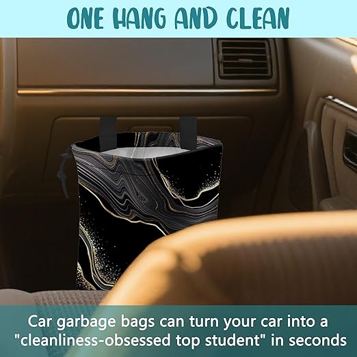 Car Garbage Bag Abstract Marble Golden Veins Drawstring Car Trash Bag Hanging for Back Seat with Adjustable Buckle Canvas Vehicle Trash Can Easy-to-Install