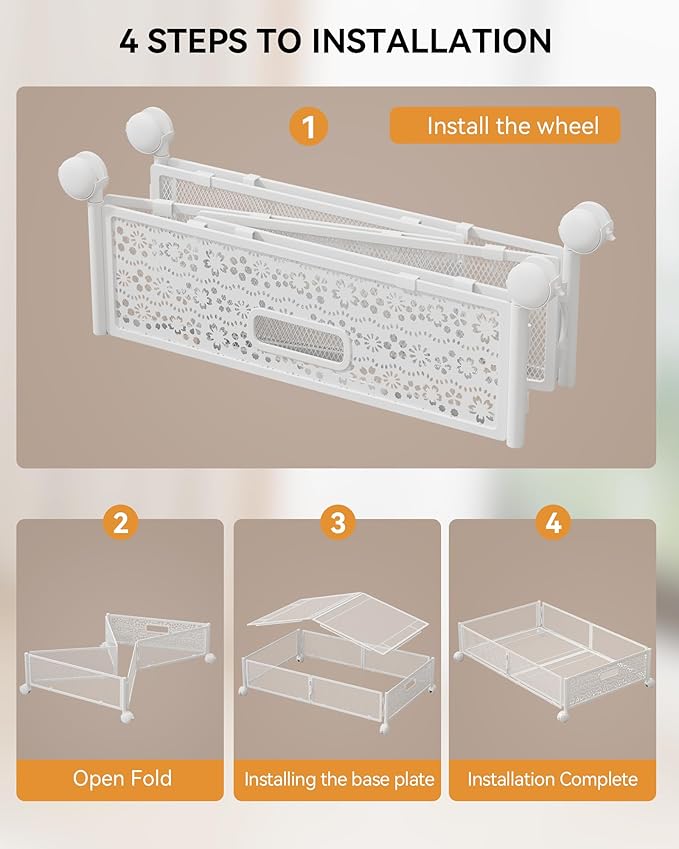 Under Bed Storage with Wheels, Foldable Pattern Carved Metal Under The Bed Storage, Tool-Free Assembly Underbed Storage, 60L 