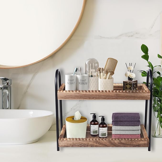BDBDYEAY Bathroom Countertop Organizer, 2 Tier Vanity Organizer and Storage for Cosmetic Skincare Perfume, Wood Bead Storage 