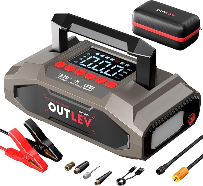 6000A UltraSafe Jump Starter with 160PSI Air Compressor, 12V Car Battery Booster, Portable Jump Box, Power Bank & Jumper Cables, LED Display, LED Light, for 10L Gas & 10L Diesel Engines