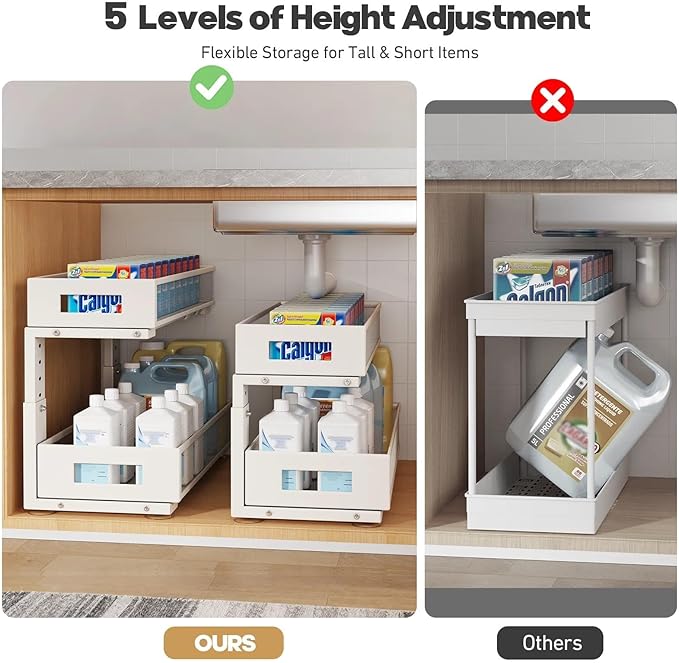 2 Packs 21IN Depth Under Sink Organizer, 2-Tier Pull Out Cabinet Organizer With Smooth Circular Rail, Large Capacity Metal Me