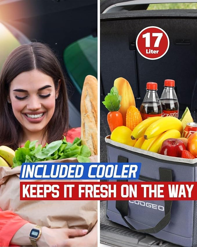Car Trunk Organizer with Portable Leak Proof Cooler Bag, 3 Compartments Collapsible Car Organizers and Storage with Foldable C