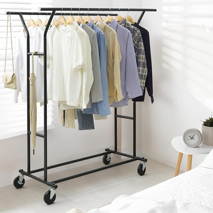 CAPHAUS Heavy Duty Clothes Rack with Double Rods, 440LBS Capacity Rolling Clothing Rack for Hanging Clothes, Adjustable Metal