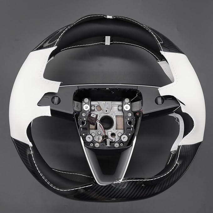 MEWANT Hand Stitched White Leather Steering Wheel Cover for Tesla Model 3 Highland 2023 2024 2025