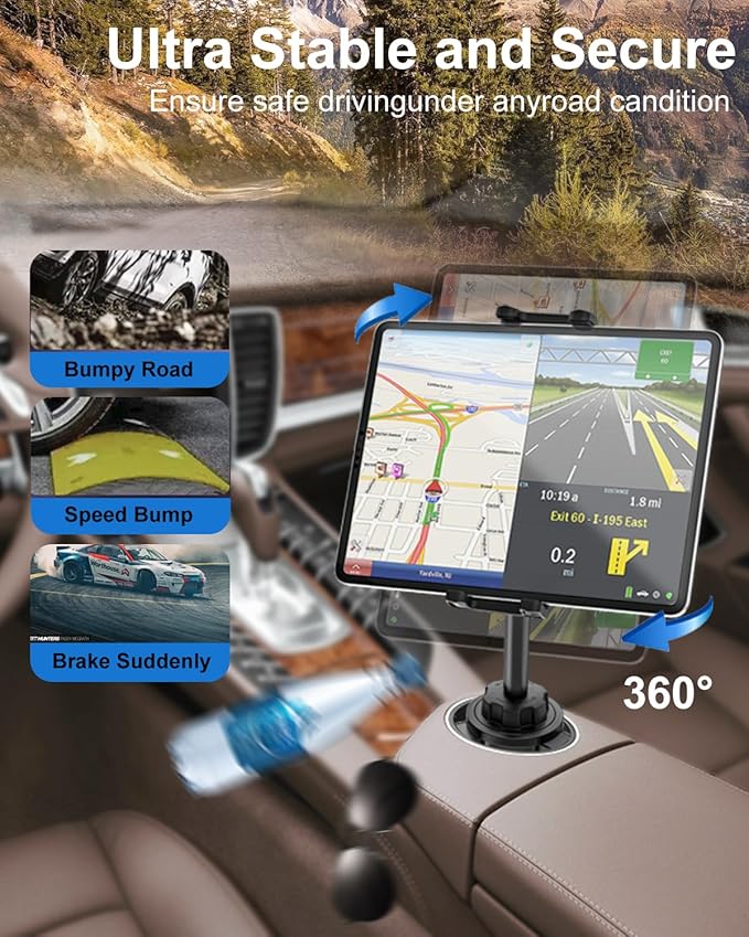 Cup Holder Tablet Mount for Car [Anti-Shake Metal Arm] Heavy Duty iPad Cup Holder Mount for Truck, Tesla, Vehicle, for iPad Pro 12.9 Air Mini Galaxy Z Fold iPhone, 4-13'' Cell Phone Tablets