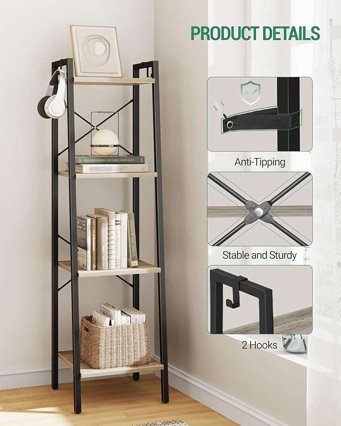 Hzuaneri Ladder Shelf, Bookshelf Bookcase, Freestanding Corner Storage Shelve with 2 Hooks for Home Office, Living Room, Kitc