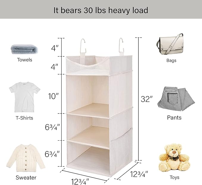 StorageWorks 3-Shelf Hanging Closet Organizer, Adjustable Hanging Closet Organizers and Storage, 12 ¾”W x 12 ¾”D x 32”H, Whit